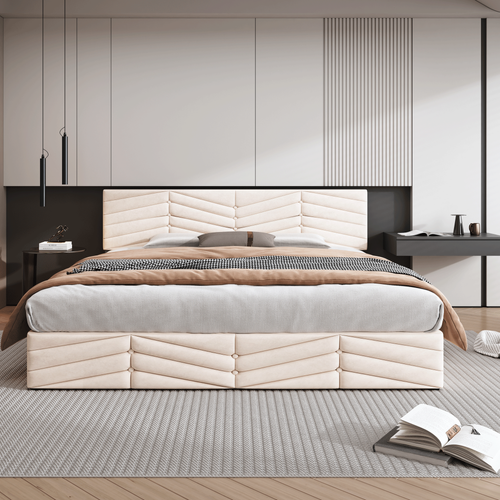 Lit Coffre 180x200 Cm - Lit Double Rembourré Avec Sommier à Lattes - Velours - Beige