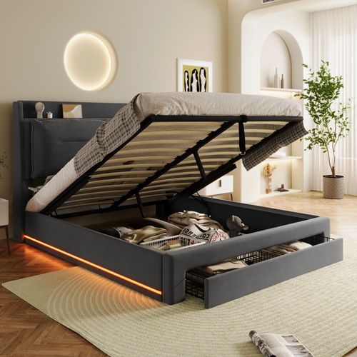 Lit Coffre 140x190 Cm - Lit Double Avec Tiroirs Et Éclairage LED - Velours - Gris