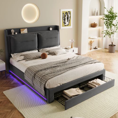 Lit Coffre 140x190 Cm - Lit Double Avec Tiroirs Et Éclairage LED - Velours - Gris