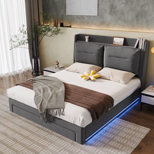 Lit Coffre 180x200 Cm - Lit Double Avec Tiroirs Et Éclairage LED - Velours - Gris