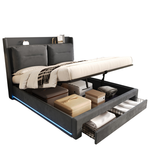 Lit Coffre 180x200 Cm - Lit Double Avec Tiroirs Et Éclairage LED - Velours - Gris