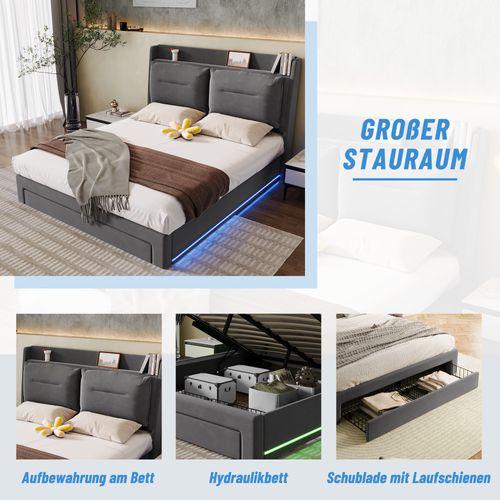 Lit Coffre 180x200 Cm - Lit Double Avec Tiroirs Et Éclairage LED - Velours - Gris