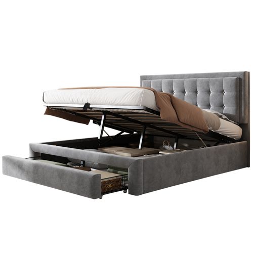 Lit Coffre 140×200 Cm - Lit Double Rembourré Avec Sommier à Lattes En Bois - Velours - Gris