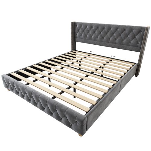 Lit Double 180x200 Cm - Lit Rembourré Avec Tête Capitonnée - Velours - Gris