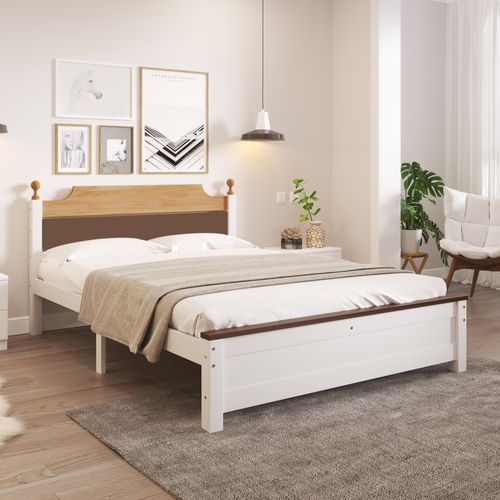 Lit Double 140x200 Cm - Lit Classique Avec Tête Et Pied De Lit - Pin + Mdf - Blanc