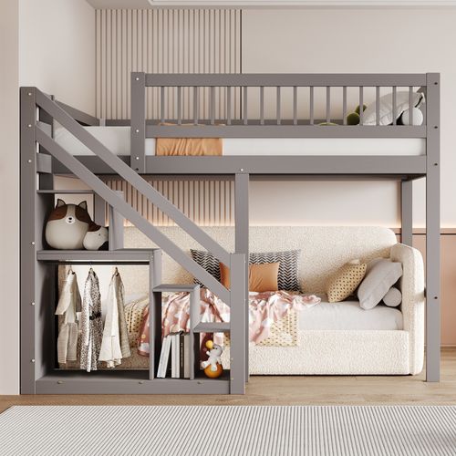 Lit Mezzanine 140x200 Cm - Lit Enfant Avec Armoire Et Barrières Hautes - Design Moderne - Gris
