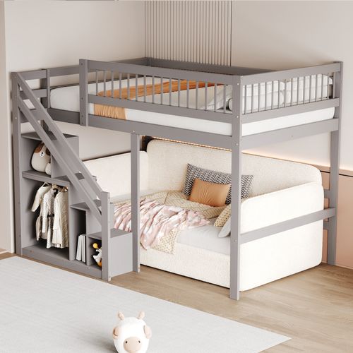 Lit Mezzanine 140x200 Cm - Lit Enfant Avec Armoire Et Barrières Hautes - Design Moderne - Gris