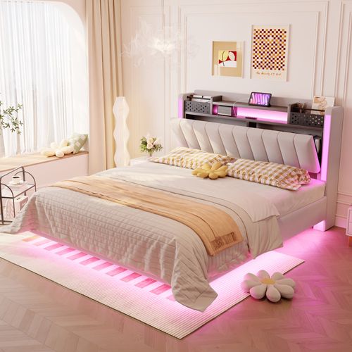 Lit Avec Rangement 140x200 Cm - Lit Double Avec Tête De Lit Et Port USB - Design Moderne - Lin Beige