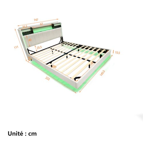 Lit Avec Rangement 140x200 Cm - Lit Double Avec Tête De Lit Et Port USB - Design Moderne - Lin Beige