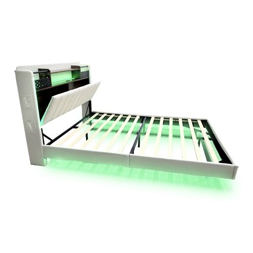 Lit Avec Rangement 140x200 Cm - Lit Double Avec Tête De Lit Et Port USB - Design Moderne - Lin Beige