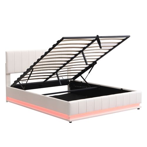 Lit Coffre 160x200 Cm - Lit Double Avec LED Et Rangement Intégré - Simili - Blanc