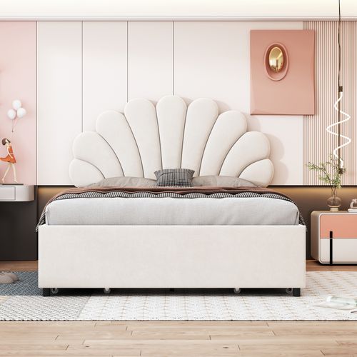 Lit Avec Rangement 140x200 Cm - Lit Double Capitonné Fleur - Velours - Beige