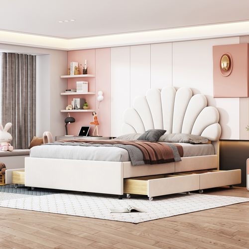 Lit Avec Rangement 140x200 Cm - Lit Double Capitonné Fleur - Velours - Beige