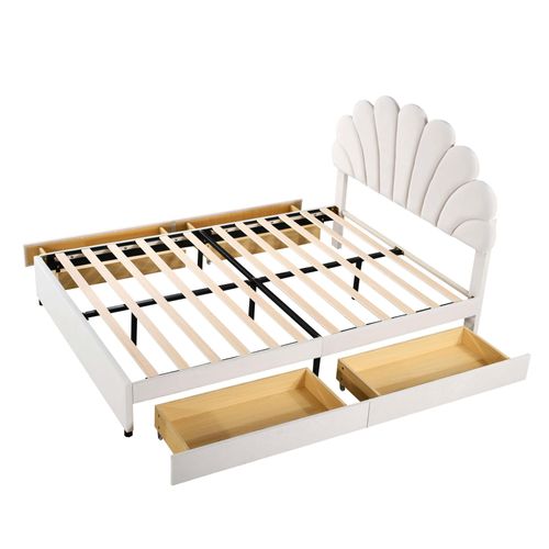 Lit Avec Rangement 140x200 Cm - Lit Double Capitonné Fleur - Velours - Beige