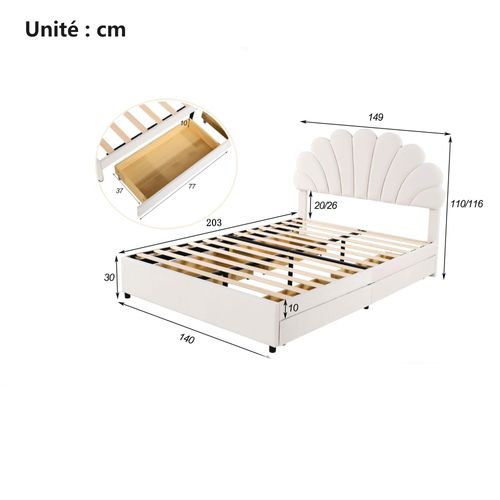 Lit Avec Rangement 140x200 Cm - Lit Double Capitonné Fleur - Velours - Beige