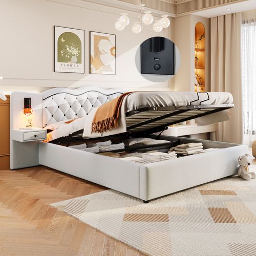 Lit Coffre 180x200 Cm - Lit Double Avec Port USB Et 2 Lampes De Chevet - Lin - Beige