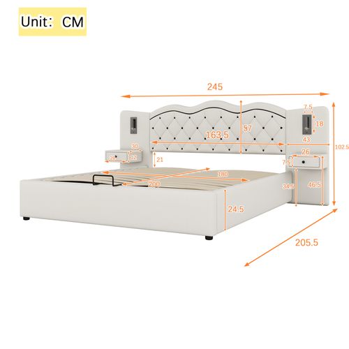 Lit Coffre 180x200 Cm - Lit Double Avec Port USB Et 2 Lampes De Chevet - Lin - Beige