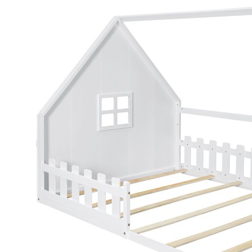 Lit Cabane 140x200 Cm - Lit Enfant Avec Cadre Sécurisé - Pin + Mdf - Blanc
