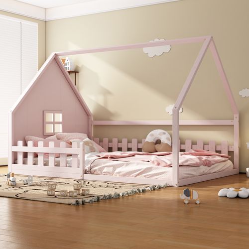 Lit Cabane 140x200 Cm - Lit Enfant Avec Cadre Sécurisé - Pin + Mdf - Rose