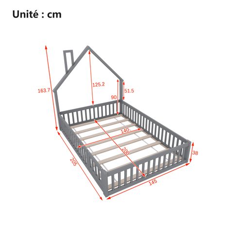 Lit Cabane 140x200 Cm - Lit Double Avec Sommier à Lattes - Design Moderne - Gris