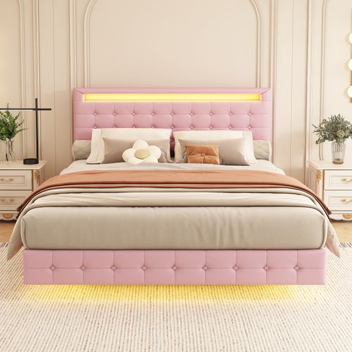 Lit Double 140x200 Cm - Lit Adulte Avec Télécommande LED Et Tête De Lit Ajustable - Pu + Mdf - Rose