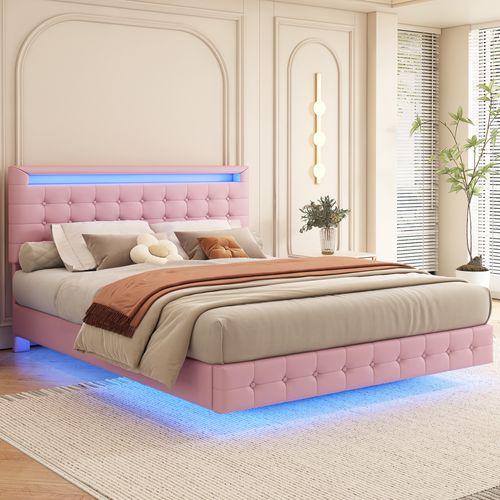 Lit Double 140x200 Cm - Lit Adulte Avec Télécommande LED Et Tête De Lit Ajustable - Pu + Mdf - Rose