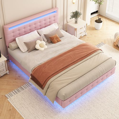 Lit Double 140x200 Cm - Lit Adulte Avec Télécommande LED Et Tête De Lit Ajustable - Pu + Mdf - Rose