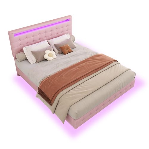Lit Double 140x200 Cm - Lit Adulte Avec Télécommande LED Et Tête De Lit Ajustable - Pu + Mdf - Rose