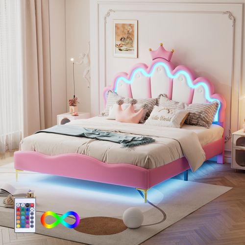 Lit Double 140 X 200 Cm - Lit Déco Avec Éclairage LED - Cuir Synthétique + Mdf + Métal - Rose