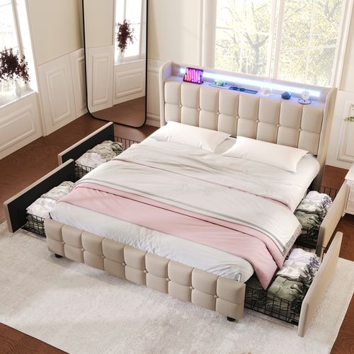 Lit Avec Rangement 140 X 200 Cm - Lit Double Avec Ports USB Et Tiroirs - Design Moderne - Beige