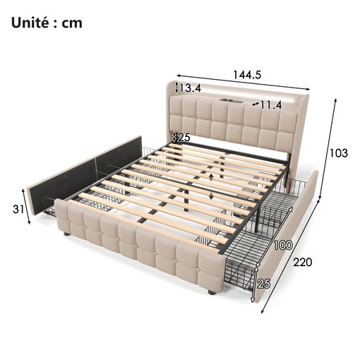 Lit Avec Rangement 140 X 200 Cm - Lit Double Avec Ports USB Et Tiroirs - Design Moderne - Beige