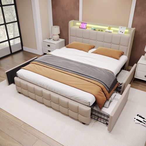 Lit Avec Rangement 160 X 200 Cm - Lit Double Avec 4 Tiroirs Et Chargeur - Lin - Moderne - Beige