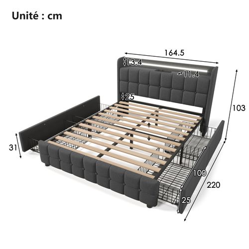 Lit Avec Rangement 160 X 200 Cm - Lit Double Avec 4 Tiroirs Et Chargeur - Design Moderne - Gris