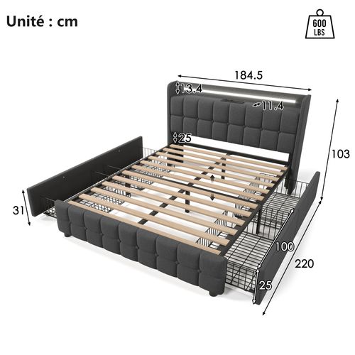 Lit Avec Rangement 180 X 200 Cm - Lit Double Avec 4 Tiroirs Et Prises - Lin - Design Moderne - Gris