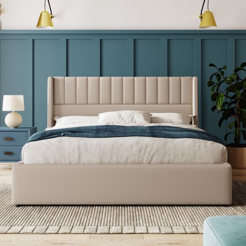 Lit Coffre 140 X 200 Cm - Lit Double Capitonné Avec Sommier - Lin Bois Métal - Gris