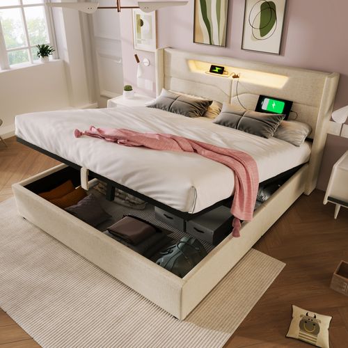 Lit Coffre 160 X 200 Cm - Lit Avec Tête De Lit USB + LED - Lin - Beige
