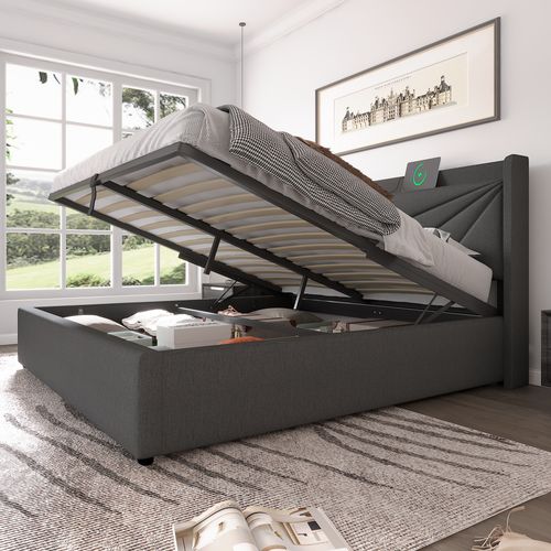 Lit Coffre 180x200 Cm - Lit Double Capitonné Avec Fonction USB Type C - Coton Bois Métal - Gris