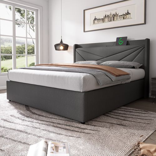 Lit Coffre 180x200 Cm - Lit Double Capitonné Avec Fonction USB Type C - Coton Bois Métal - Gris