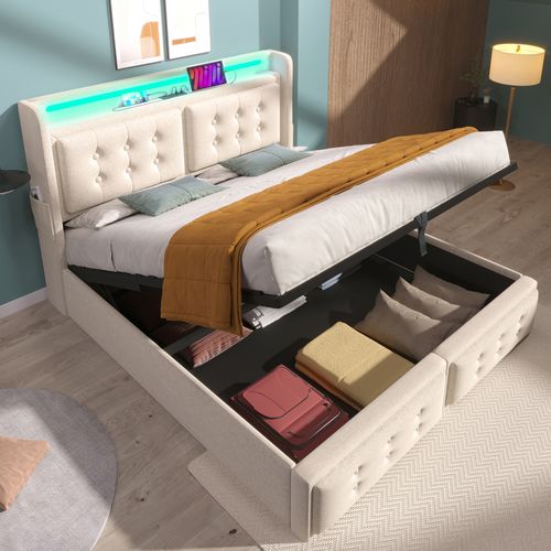 Lit Coffre 160x200 Cm - Lit Double Avec USB-c Et Tête LED - Esthétique Moderne - Beige