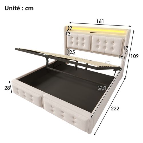 Lit Coffre 160x200 Cm - Lit Double Avec USB-c Et Tête LED - Esthétique Moderne - Beige