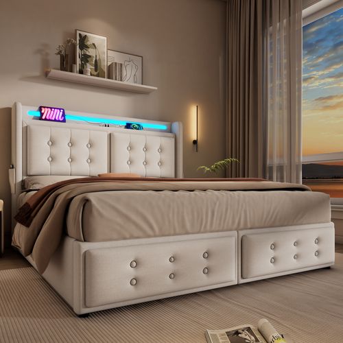 Lit Coffre 160x200 Cm - Lit Double Avec USB-c Et Tête LED - Esthétique Moderne - Beige