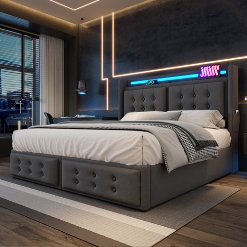 Lit Coffre 160x200 Cm - Lit Double Avec USB-c Et Tête LED - Structure Robuste Et Stable - Gris