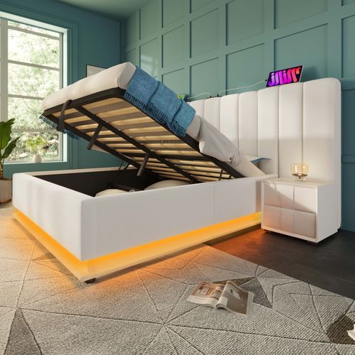Lit Coffre 160 X 200 Cm - Lit Double Avec LED Et Charge USB-c - Métal, Pu - Blanc
