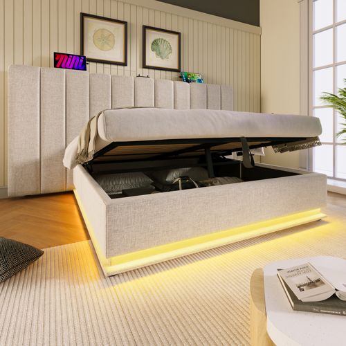 Lit Coffre 160x200 Cm - Lit Double Avec LED Et USB-c - Métal, Lin, Bois - Beige