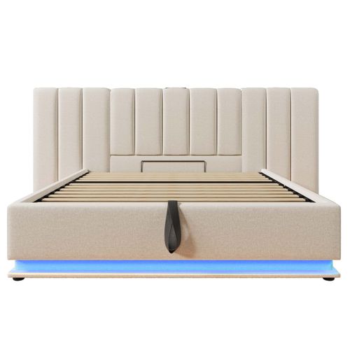 Lit Coffre 160x200 Cm - Lit Double Avec LED Et USB-c - Métal, Lin, Bois - Beige