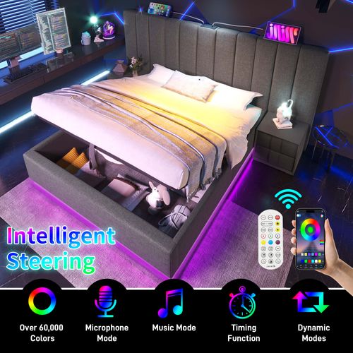 Lit Coffre 160x200 Cm - Lit Double Avec LED Et USB-c - Métal, Lin, Bois - Gris