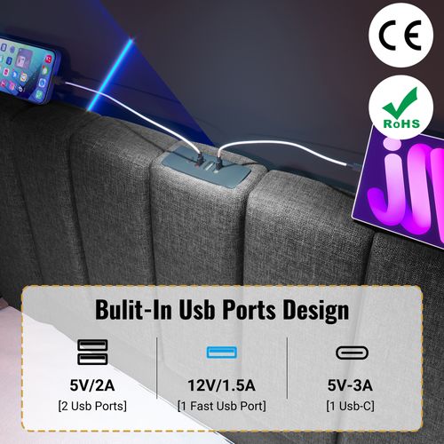 Lit Coffre 180x200 Cm - Lit Double LED Et USB-c - Métal, Lin, Bois - Gris