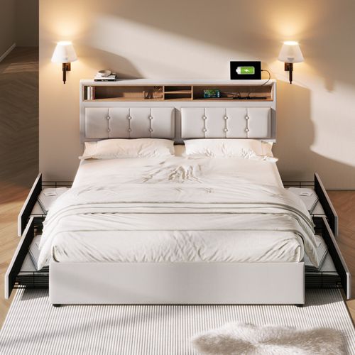 Lit 140x200 Cm Avec Rangement 4 Tiroirs Et Tête - Lin + Bois - Beige