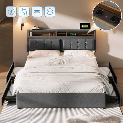 Lit 140x200 Cm Avec Rangement, Tiroirs Et USB-c, Tête Réglable - Lin + Bois - Gris