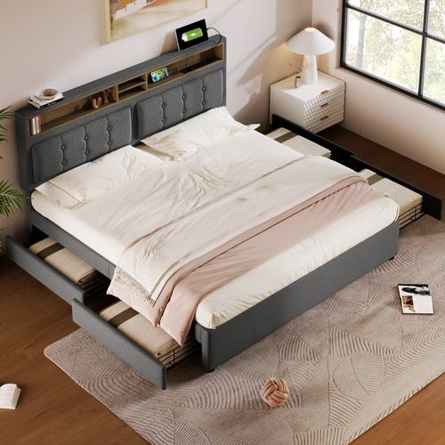 Lit 140x200 Cm Avec Rangement, Tiroirs Et USB-c, Tête Réglable - Lin + Bois - Gris